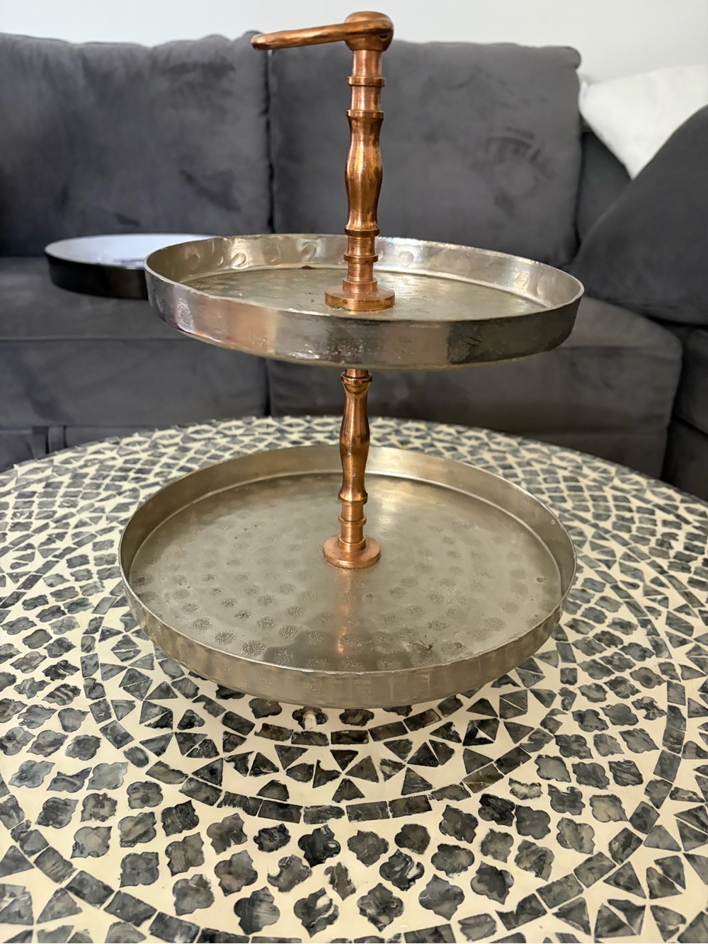 Two-Tier Metal Serving Stand in Silver and Copper Finish